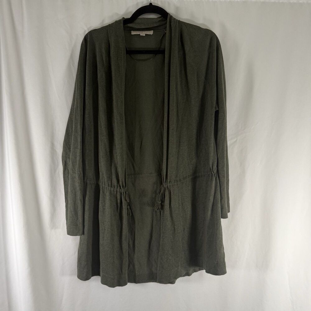 LOFT Linen Blend Cardigan Women's Medium Green Open Front Drawstring
